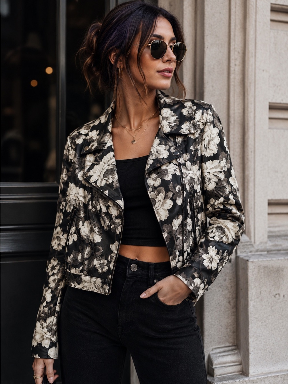 Sam Edelman| Vtg. Floral Faux Moto Jacket - Black & White